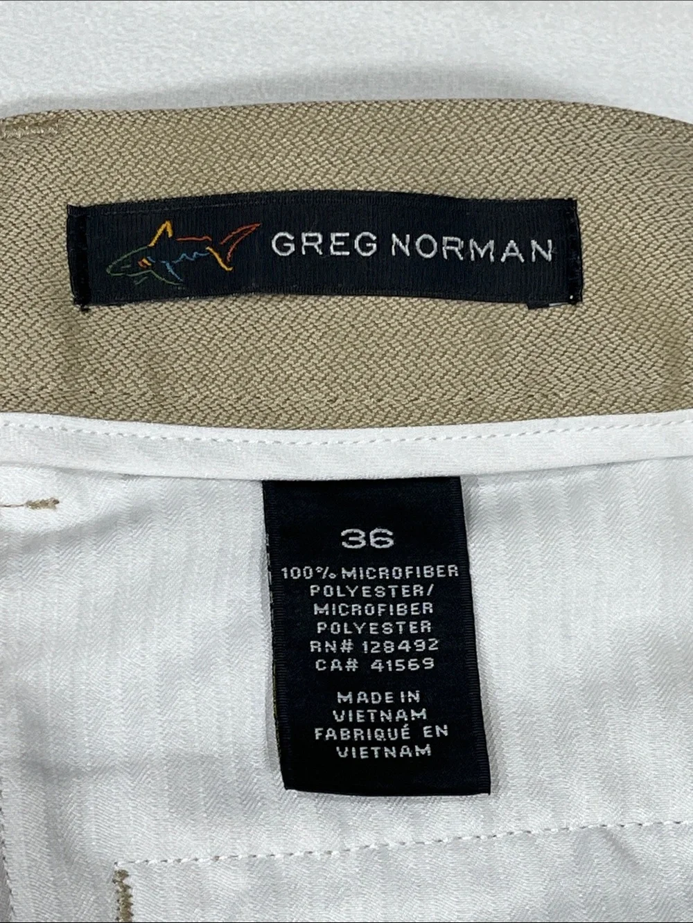 Greg Norman Shark Golf Shorts Khaki Tan Microfiber Men’s Size 36 Flat Front